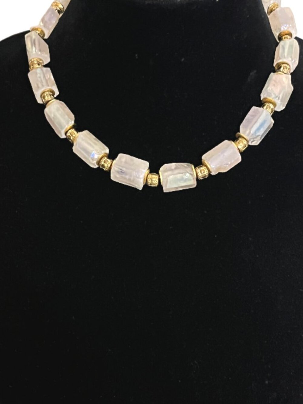 Handcrafted Large White Iridescent Moonstone Nugget Beads and Gold Tone Necklace